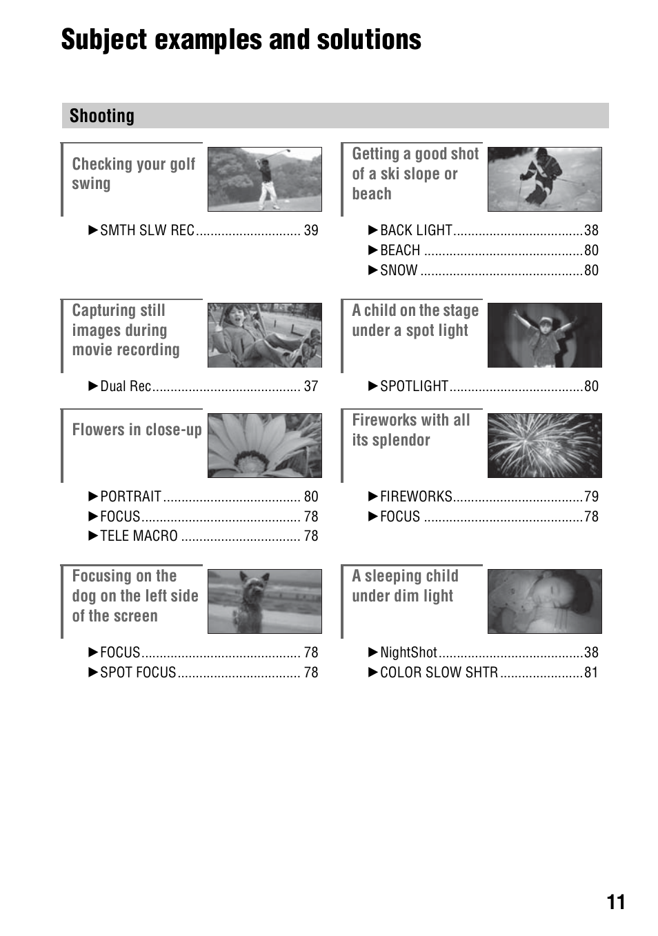 Subject examples and solutions, Subject examples and solutions 11, Shooting | Sony DCR-DVD508 User Manual | Page 11 / 139