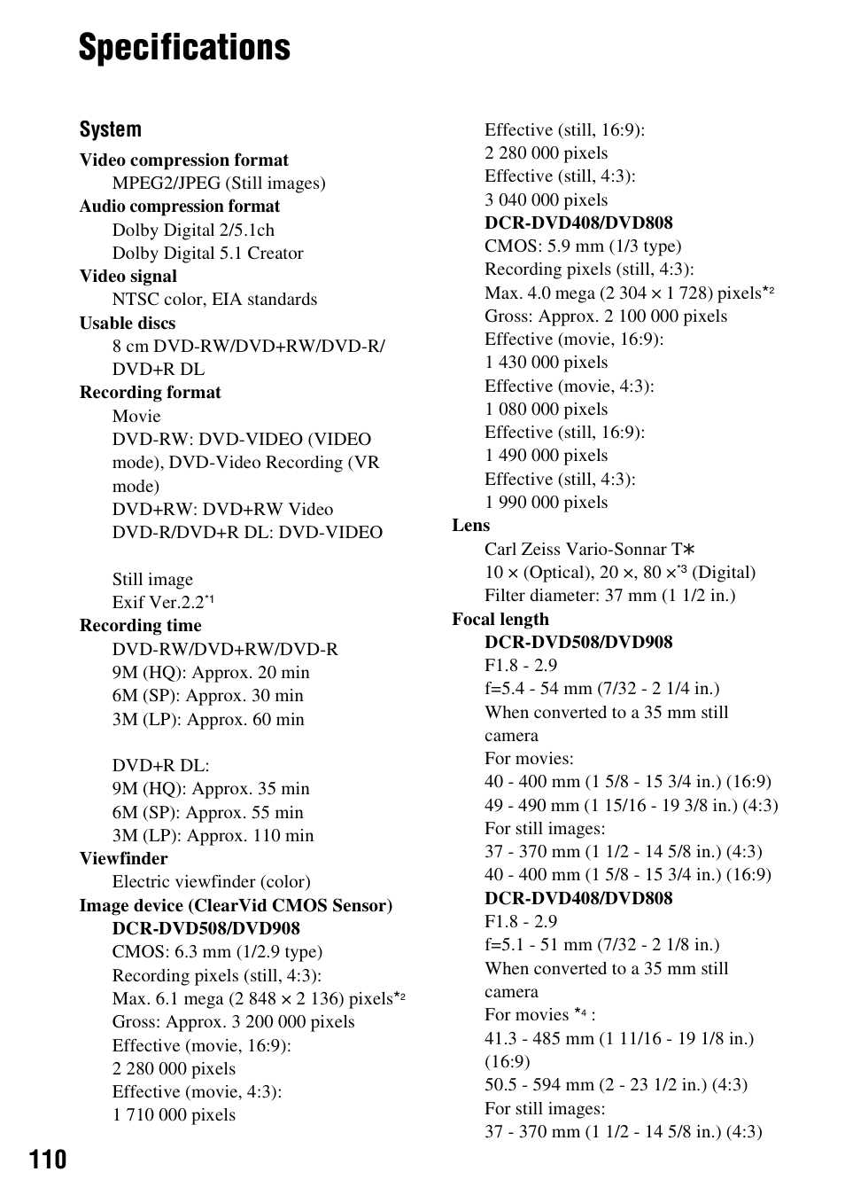 Specifications | Sony DCR-DVD508 User Manual | Page 110 / 139