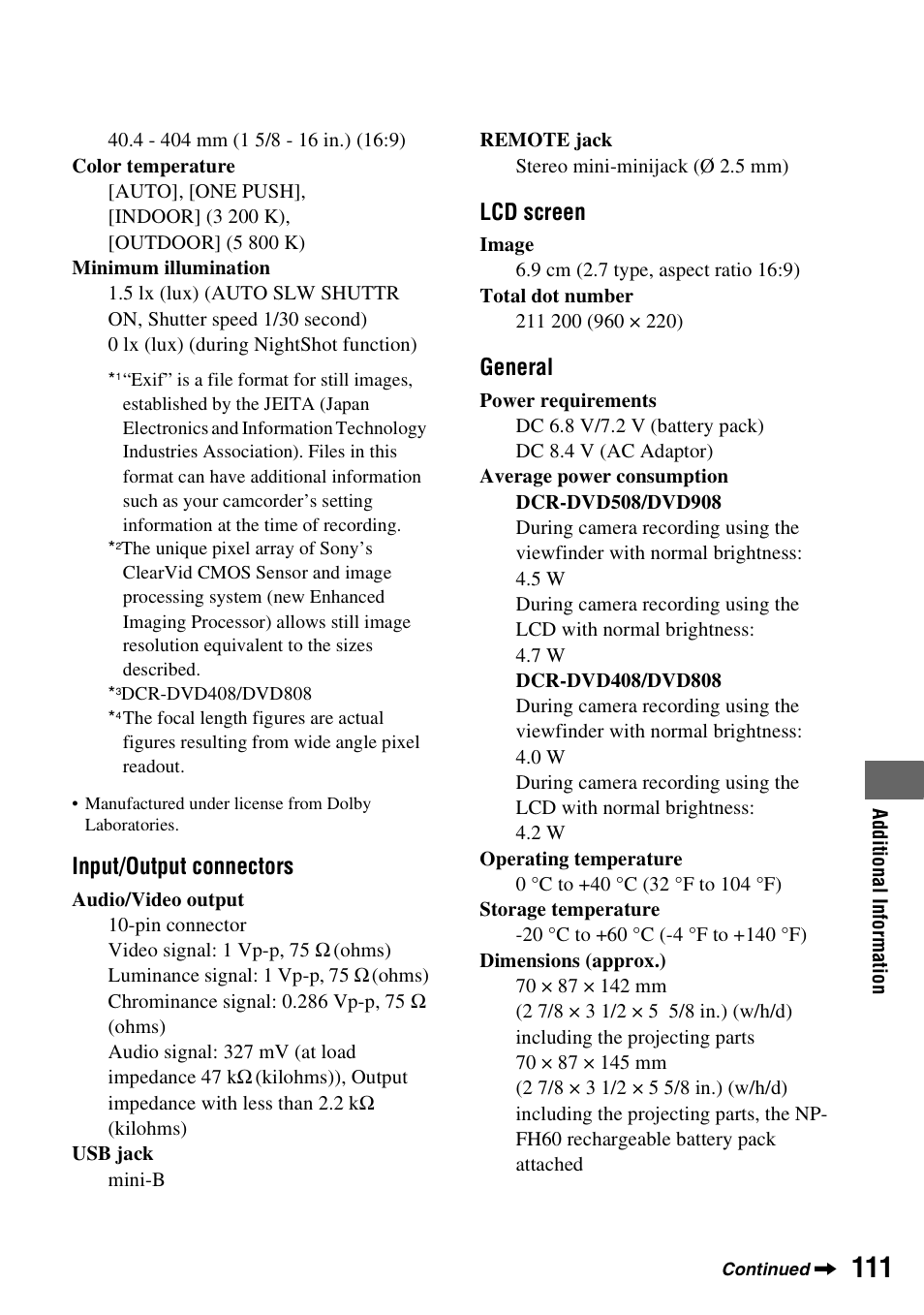 Input/output connectors, Lcd screen, General | Sony DCR-DVD508 User Manual | Page 111 / 139