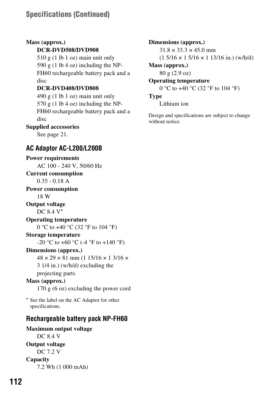 Specifications (continued) | Sony DCR-DVD508 User Manual | Page 112 / 139