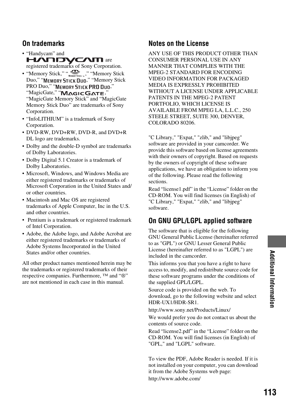 On trademarks, On gnu gpl/lgpl applied software | Sony DCR-DVD508 User Manual | Page 113 / 139