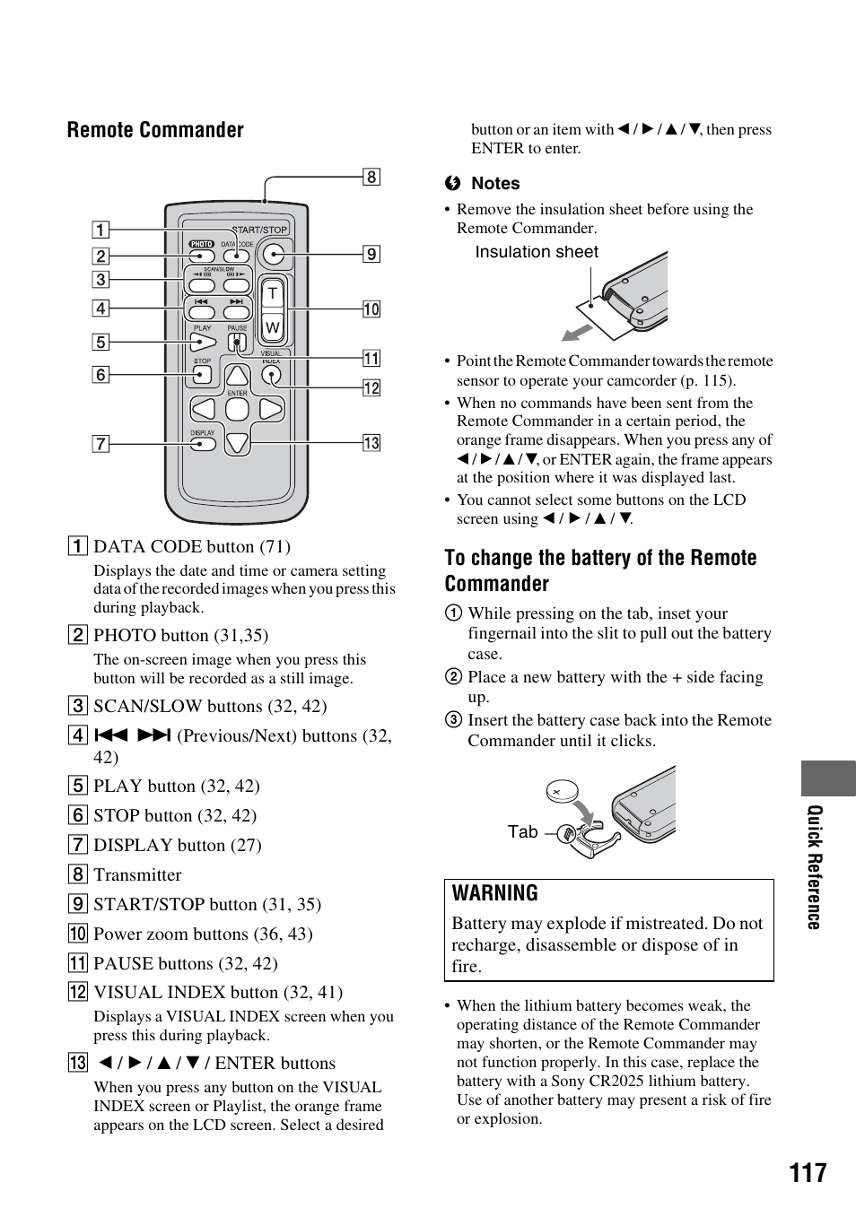 P. 117), P. 117, R (p. 117) | Remote commander, Warning | Sony DCR-DVD508 User Manual | Page 117 / 139
