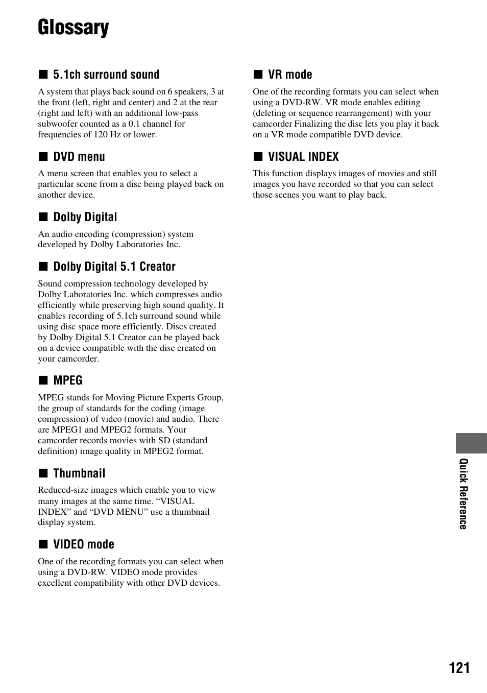 Glossary | Sony DCR-DVD508 User Manual | Page 121 / 139