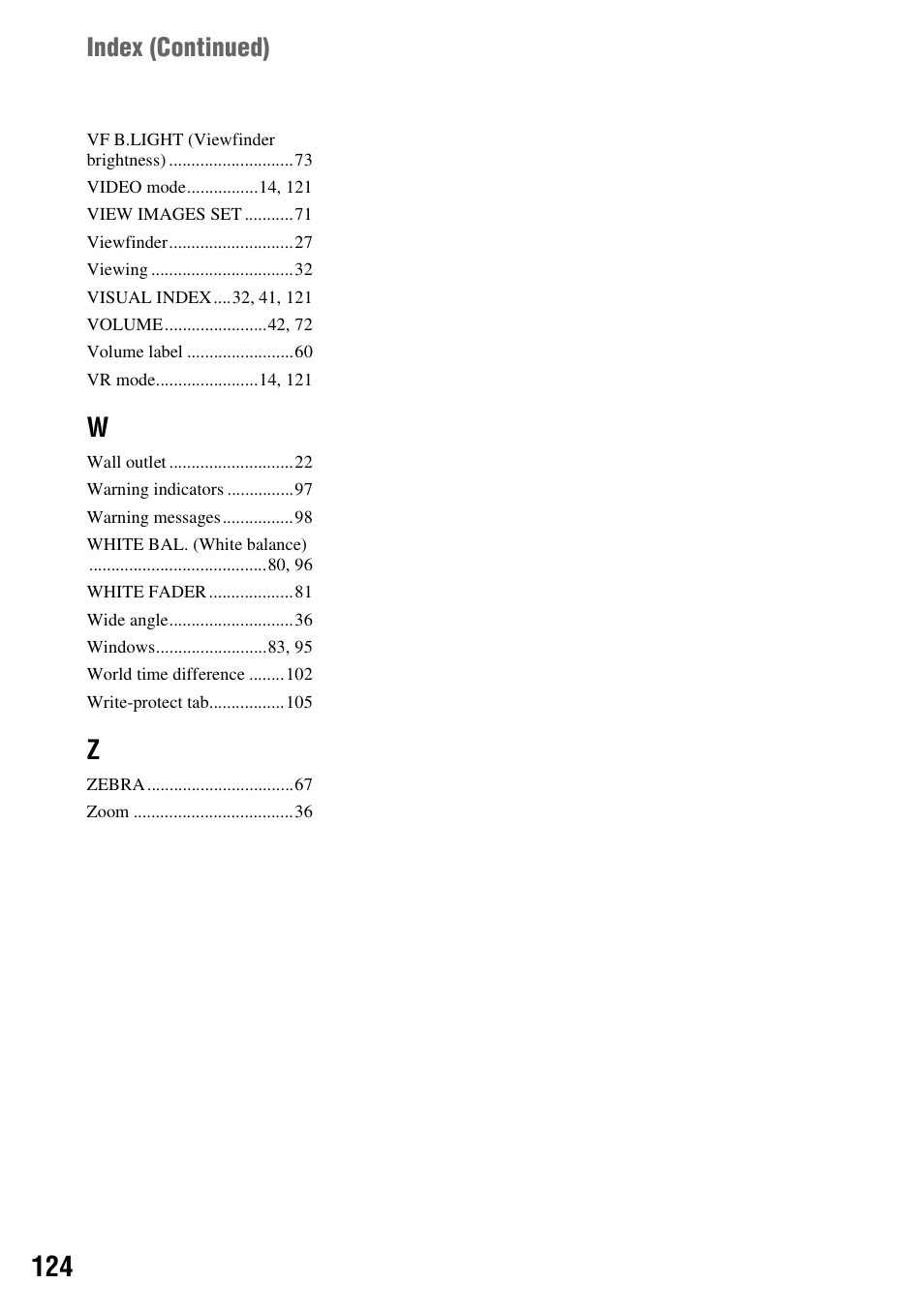 Index (continued) | Sony DCR-DVD508 User Manual | Page 124 / 139