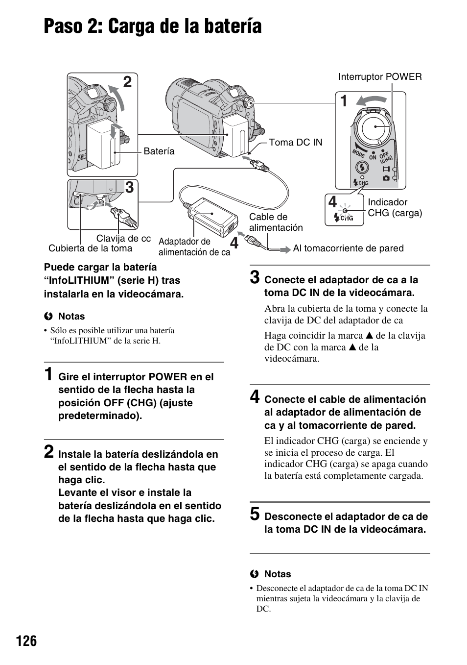 Paso 2: carga de la batería | Sony DCR-DVD508 User Manual | Page 126 / 139