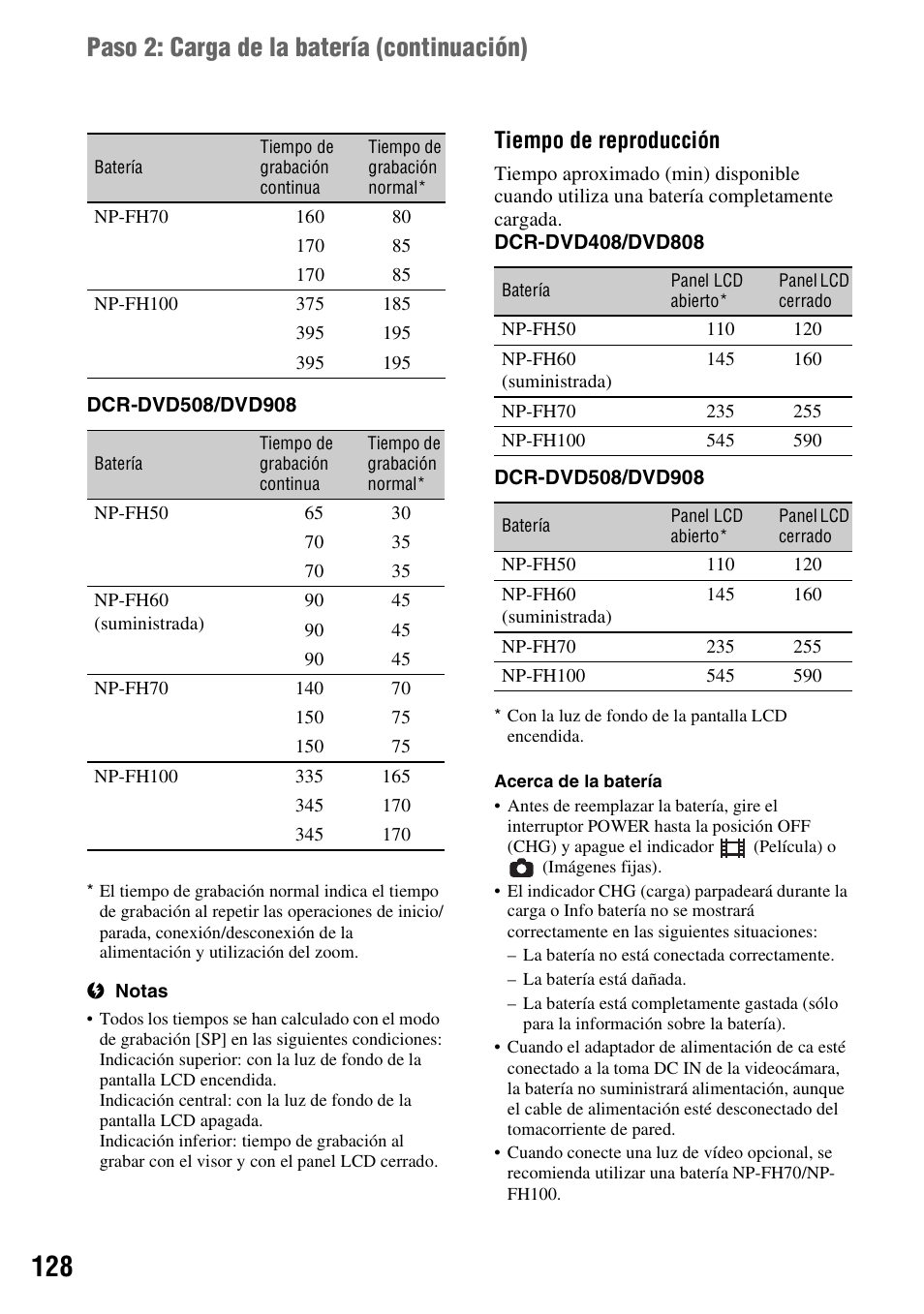 Paso 2: carga de la batería (continuación), Tiempo de reproducción | Sony DCR-DVD508 User Manual | Page 128 / 139