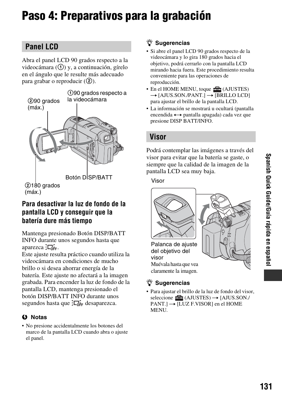 Paso 4: preparativos para la grabación, Panel lcd, Visor | Sony DCR-DVD508 User Manual | Page 131 / 139