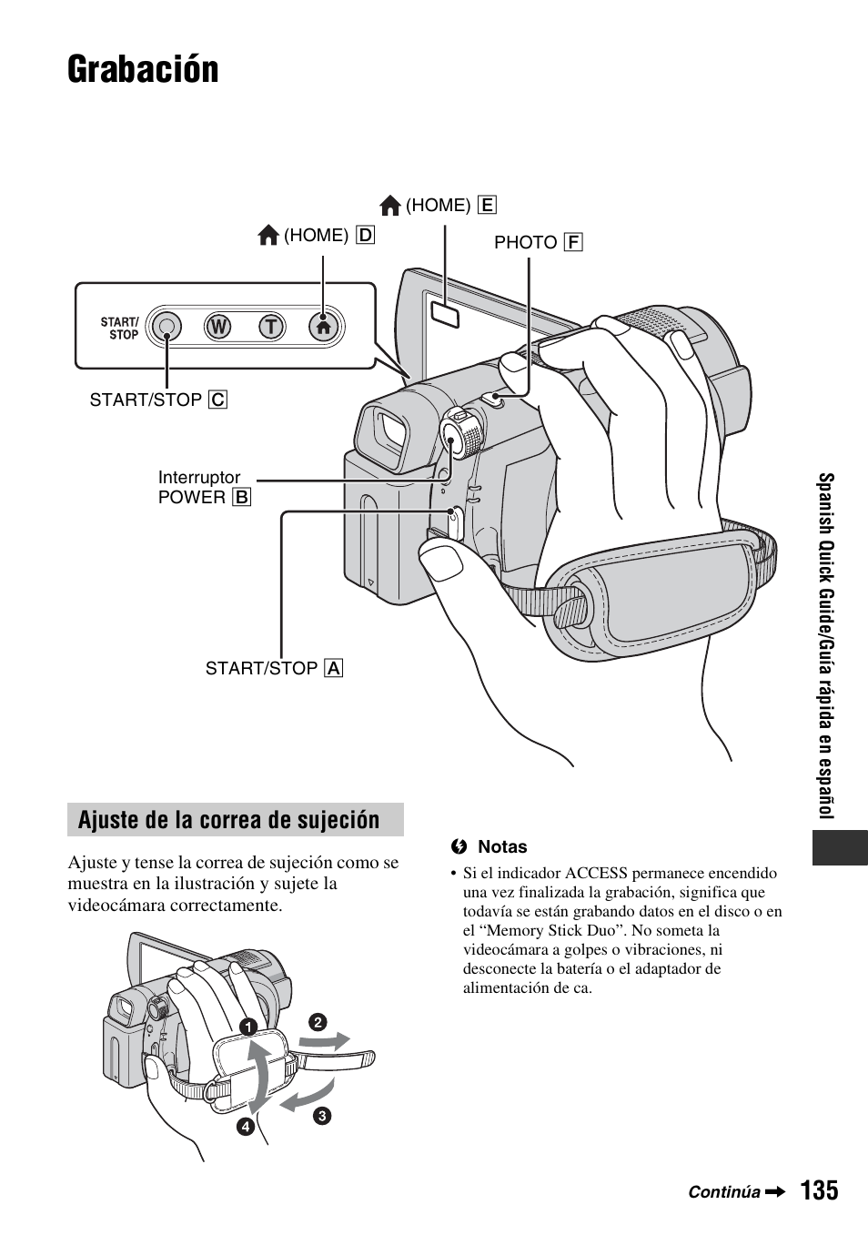 Grabación, Ajuste de la correa de sujeción | Sony DCR-DVD508 User Manual | Page 135 / 139