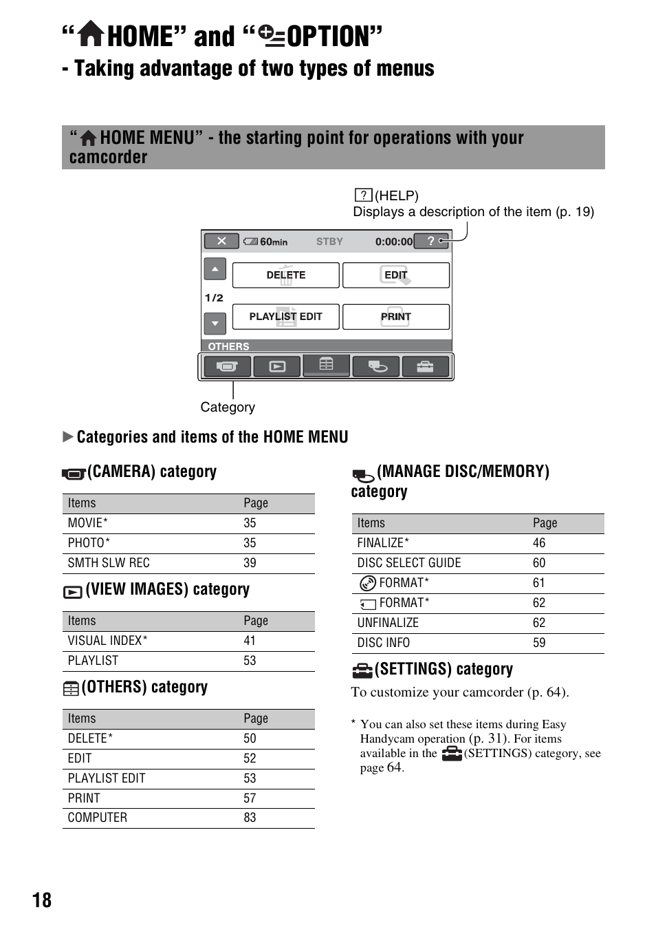 Home” and, Option, Taking advantage of two types of menus | Home” and “ option | Sony DCR-DVD508 User Manual | Page 18 / 139
