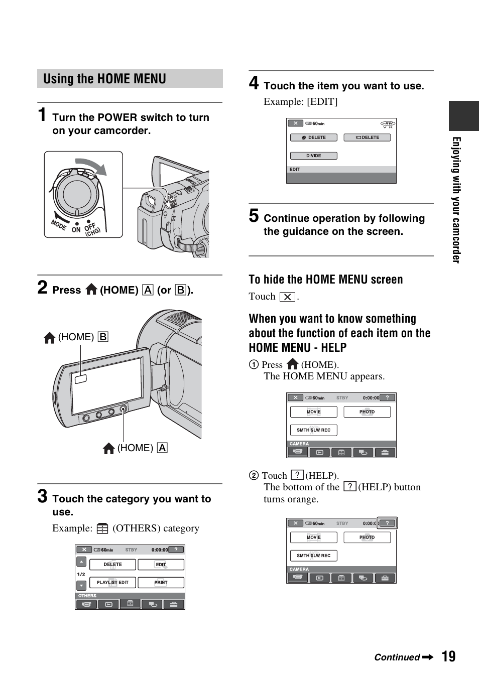 Using the home menu | Sony DCR-DVD508 User Manual | Page 19 / 139