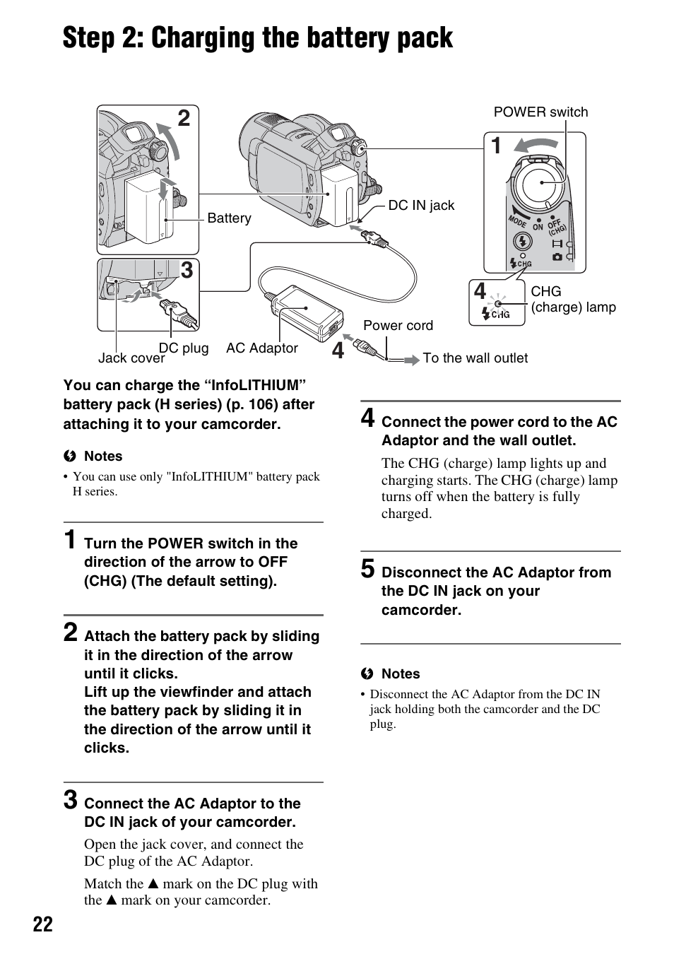 Step 2: charging the battery pack, P. 22) | Sony DCR-DVD508 User Manual | Page 22 / 139
