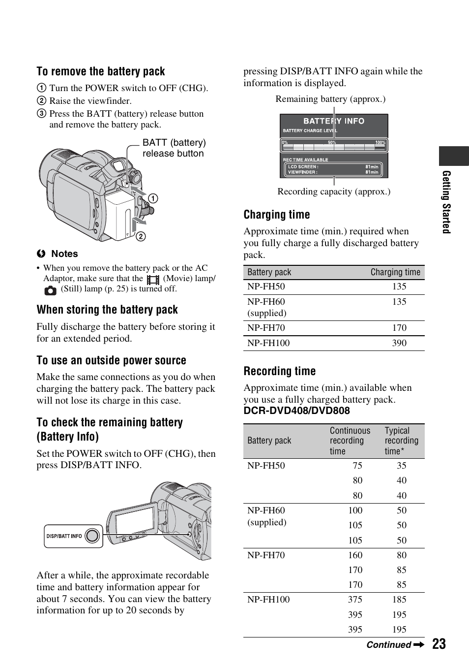 When storing the battery pack, Charging time, Recording time | Sony DCR-DVD508 User Manual | Page 23 / 139