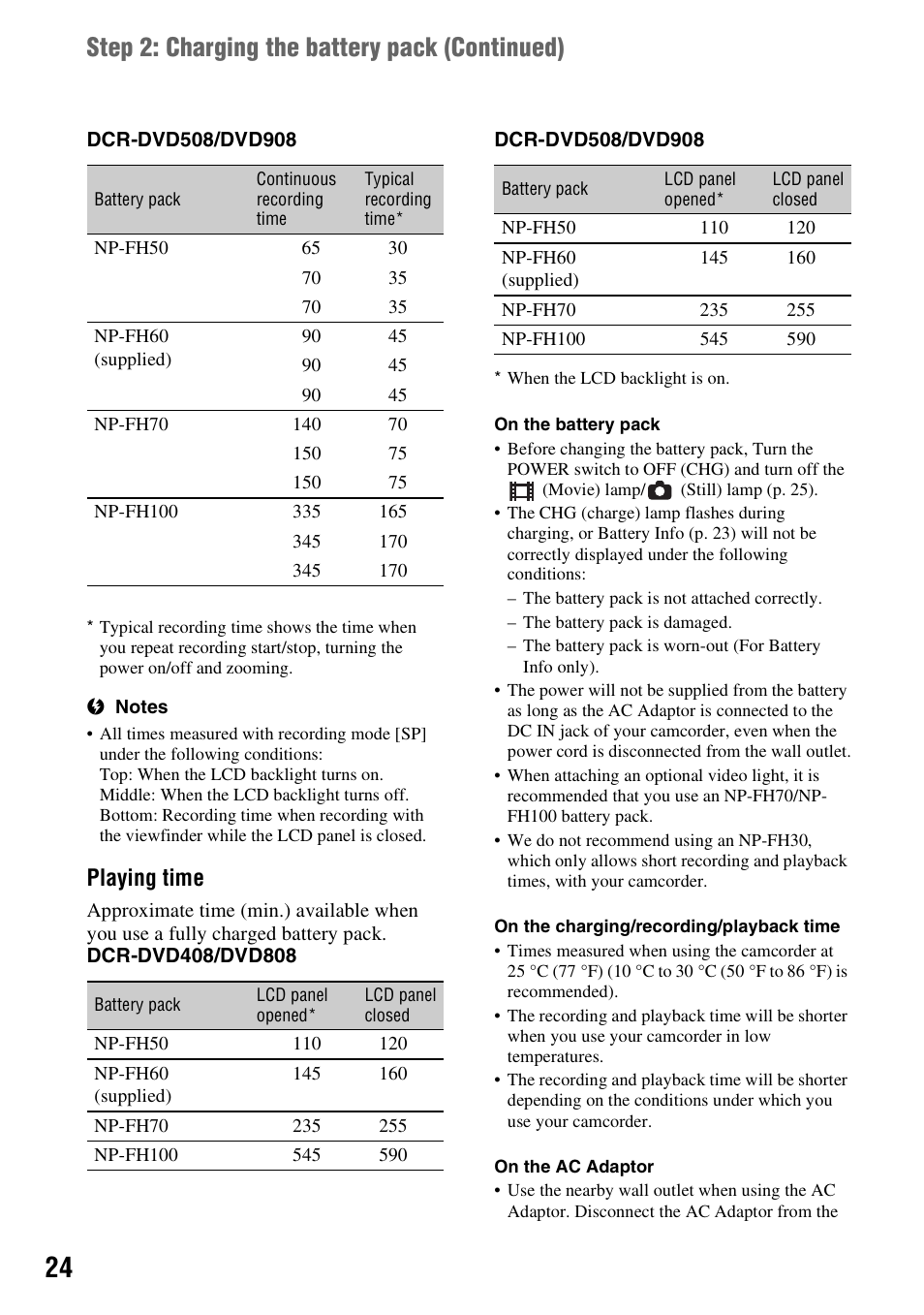 Step 2: charging the battery pack (continued), Playing time | Sony DCR-DVD508 User Manual | Page 24 / 139