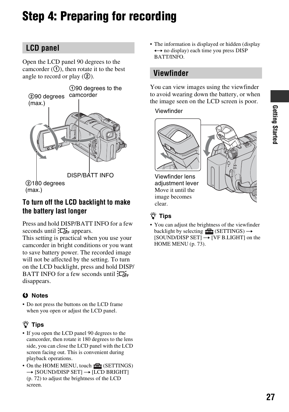 Step 4: preparing for recording, Lcd panel, Viewfinder | Sony DCR-DVD508 User Manual | Page 27 / 139