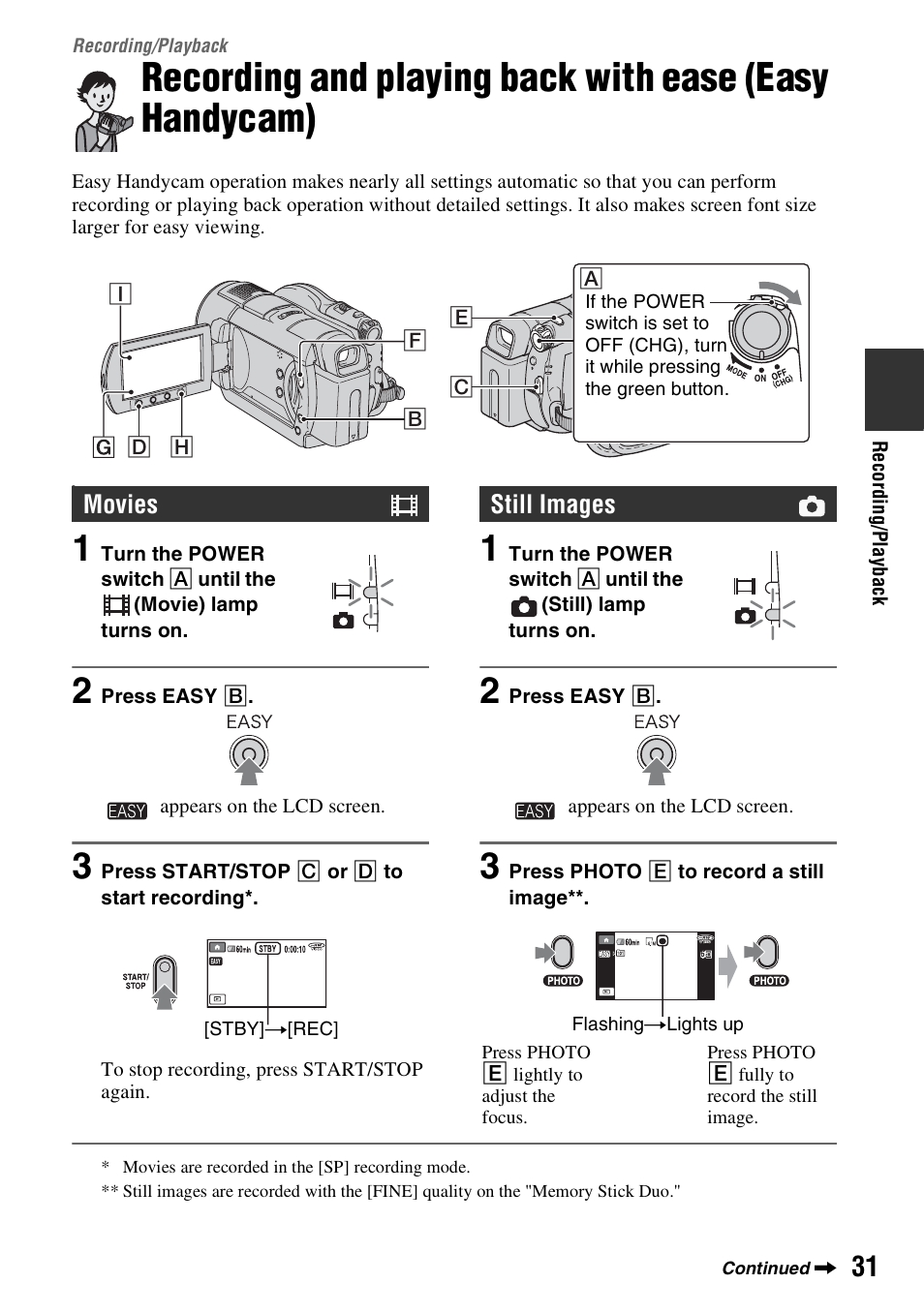 Recording/playback, Recording/playback 31, P.31 | P. 31), Movies, Still images | Sony DCR-DVD508 User Manual | Page 31 / 139