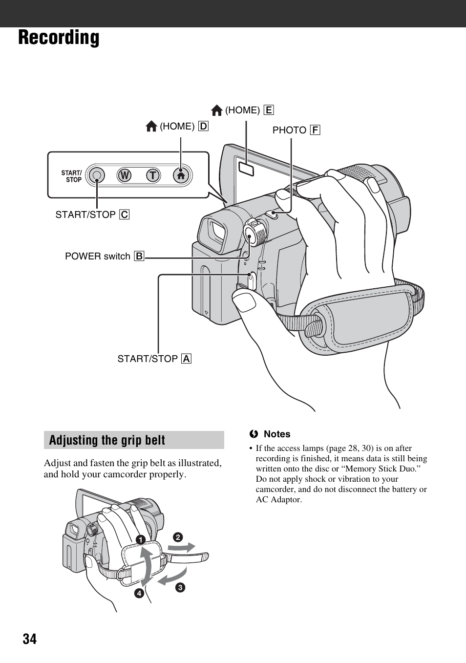 Recording, Adjusting the grip belt | Sony DCR-DVD508 User Manual | Page 34 / 139