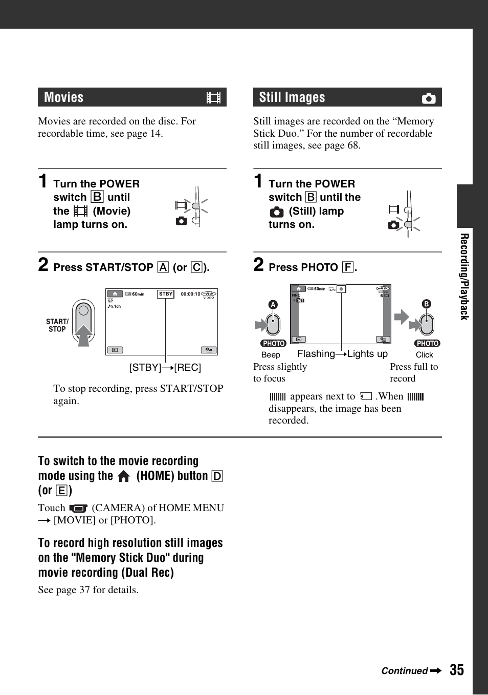 Movies, Still images | Sony DCR-DVD508 User Manual | Page 35 / 139