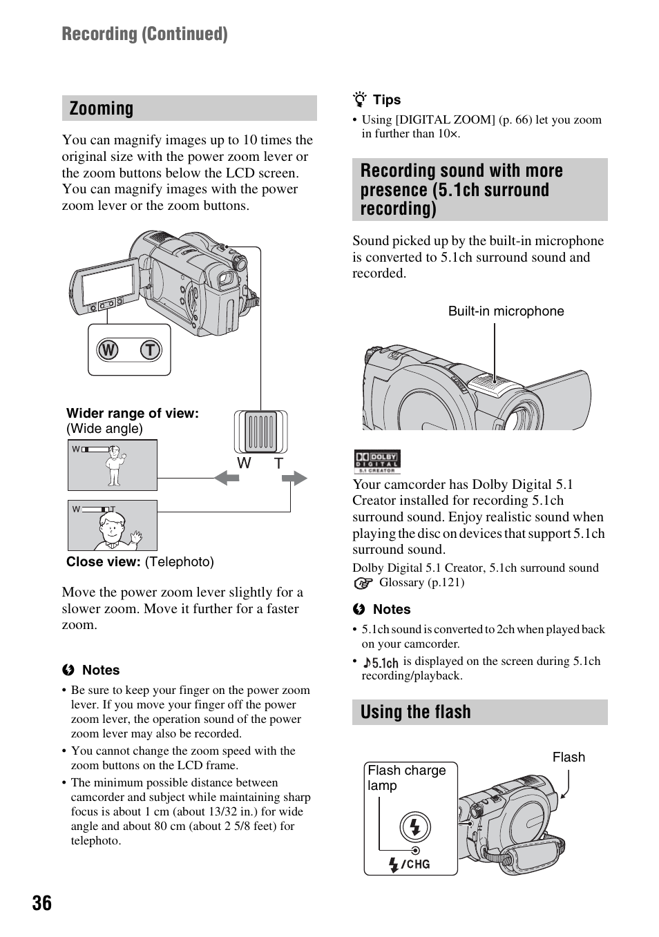 Zooming, Using the flash, D (p.36 | P.36, Recording ( continued) | Sony DCR-DVD508 User Manual | Page 36 / 139