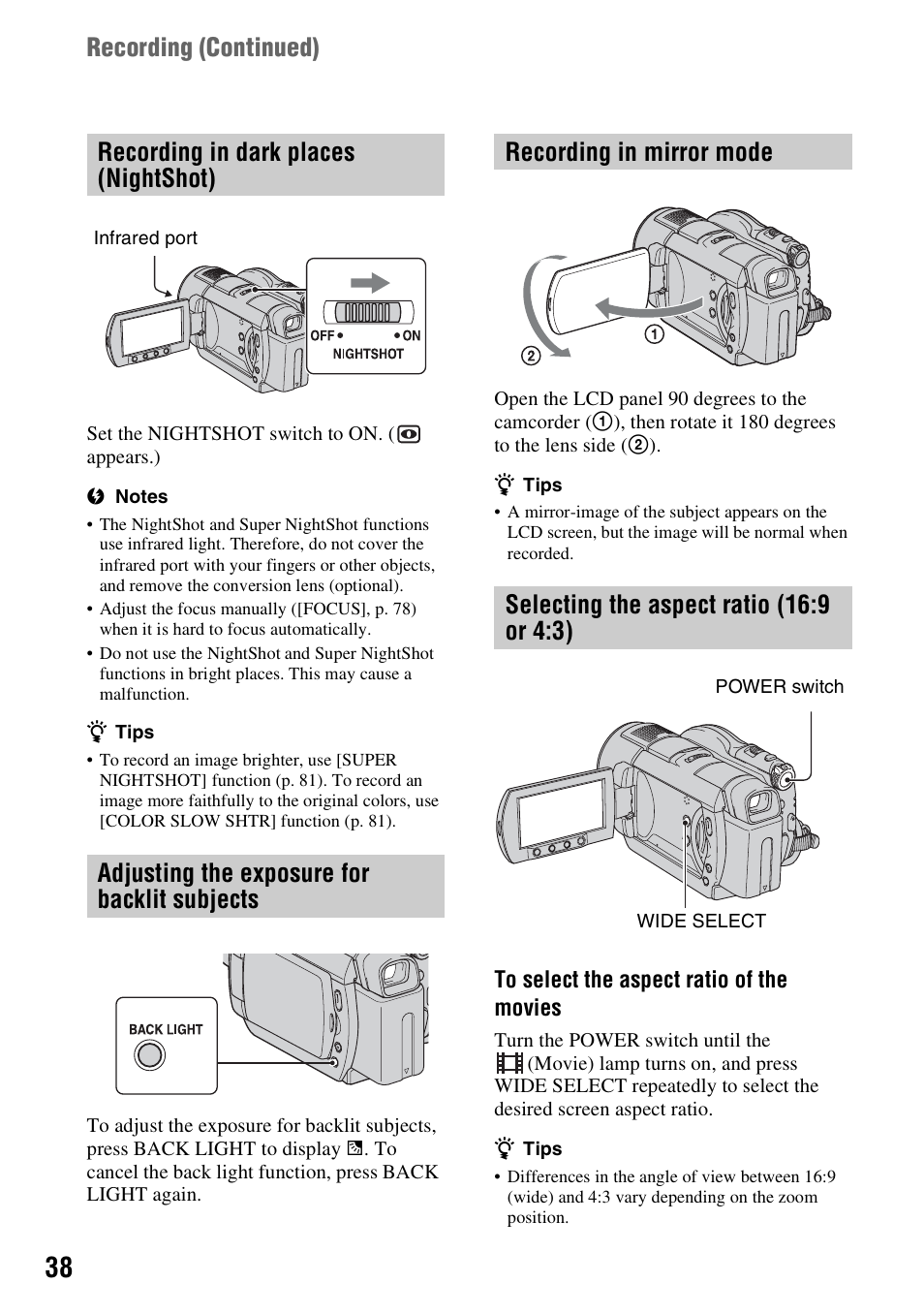 Recording in dark places (nightshot), Adjusting the exposure for backlit subjects, Recording in mirror mode | Selecting the aspect ratio (16:9 or 4:3), Recording ( continued) | Sony DCR-DVD508 User Manual | Page 38 / 139