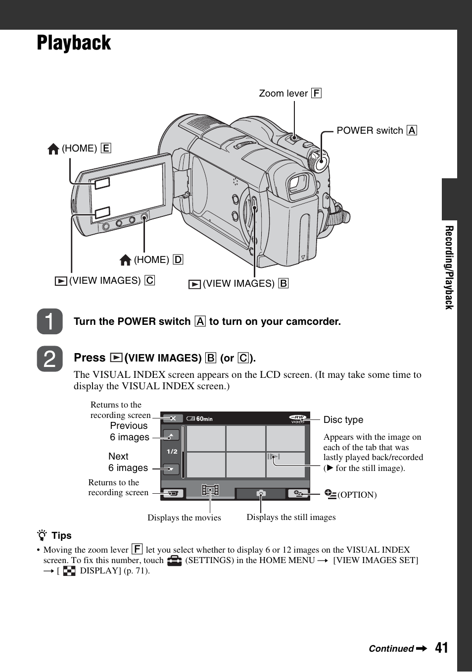 Playback | Sony DCR-DVD508 User Manual | Page 41 / 139
