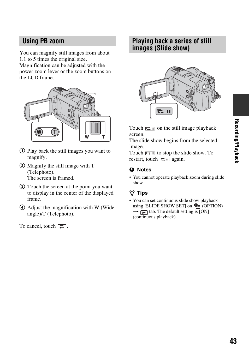 Using pb zoom, Playing back a series of still images (slide show) | Sony DCR-DVD508 User Manual | Page 43 / 139