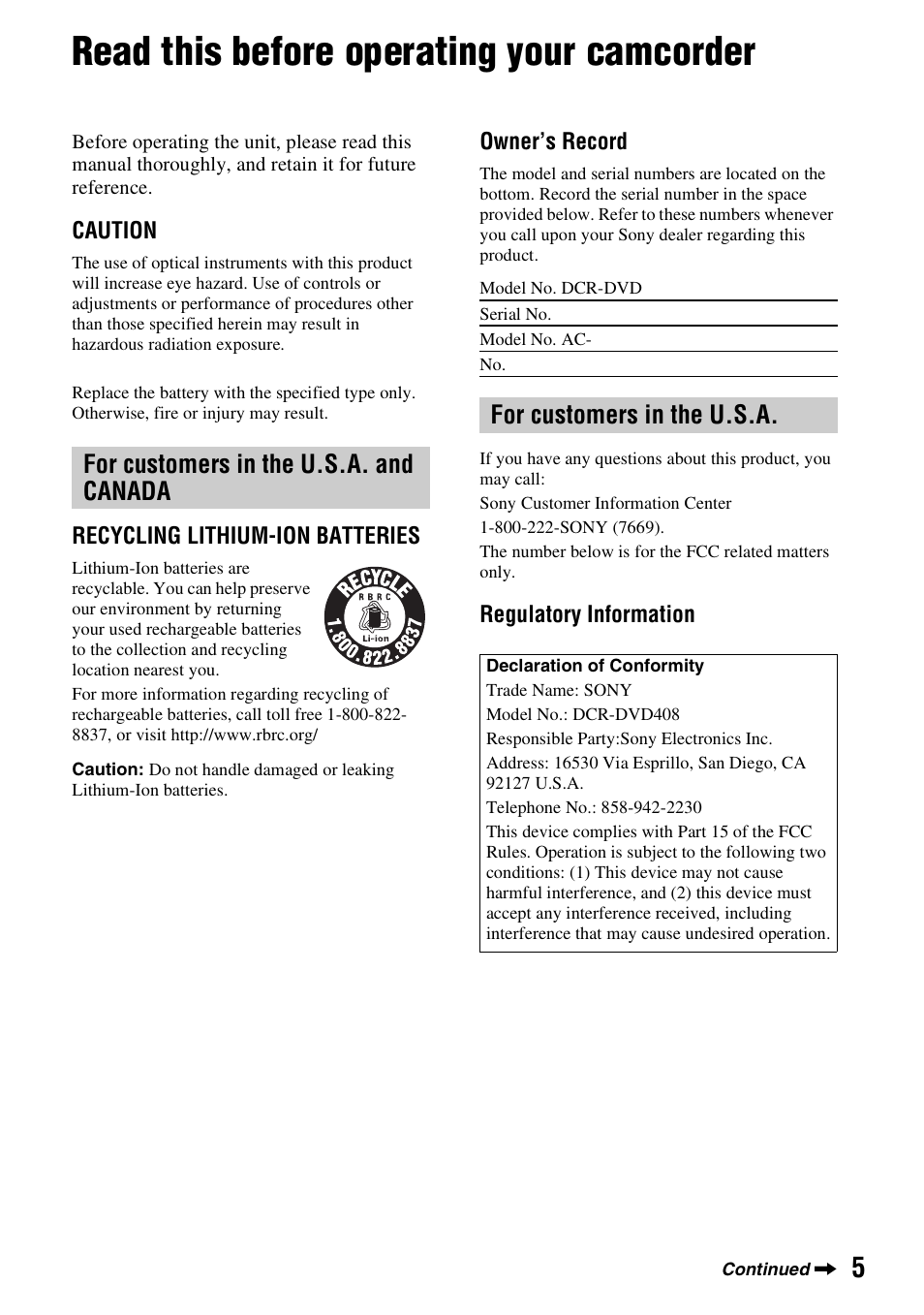 Read this before operating your camcorder, For customers in the u.s.a. and canada, For customers in the u.s.a | Sony DCR-DVD508 User Manual | Page 5 / 139