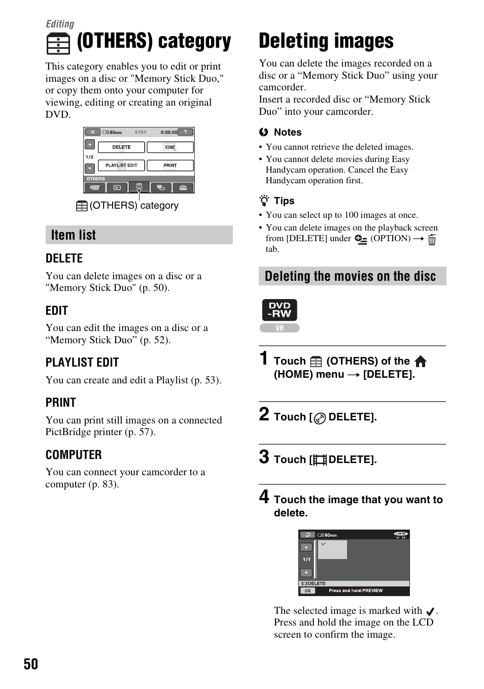 Editing, Others) category, Deleting images | Others), Category, Item list, Deleting the movies on the disc | Sony DCR-DVD508 User Manual | Page 50 / 139