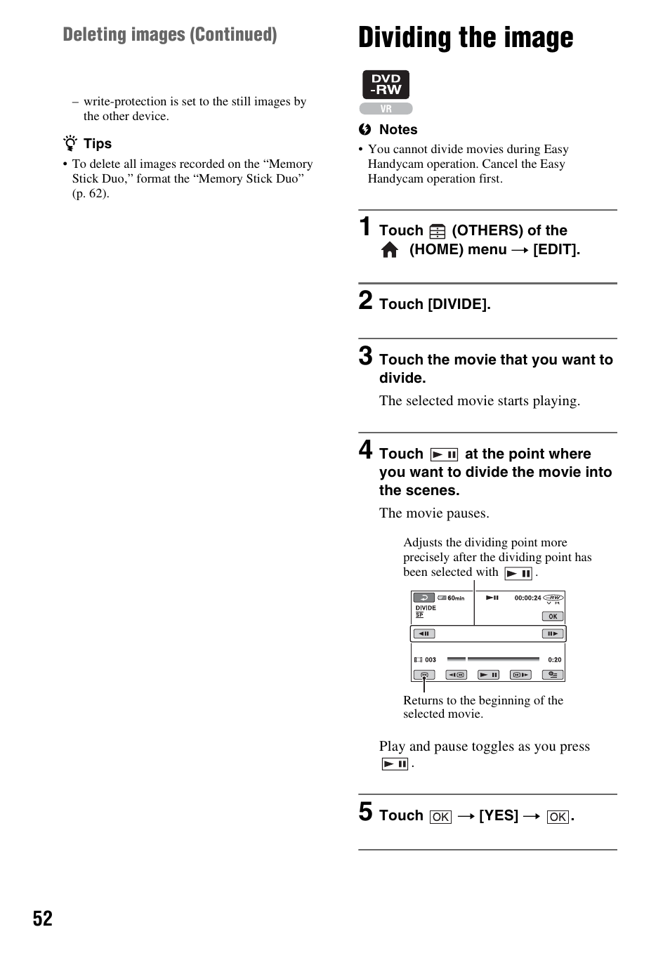 Dividing the image, D 52, P. 52) | Sony DCR-DVD508 User Manual | Page 52 / 139