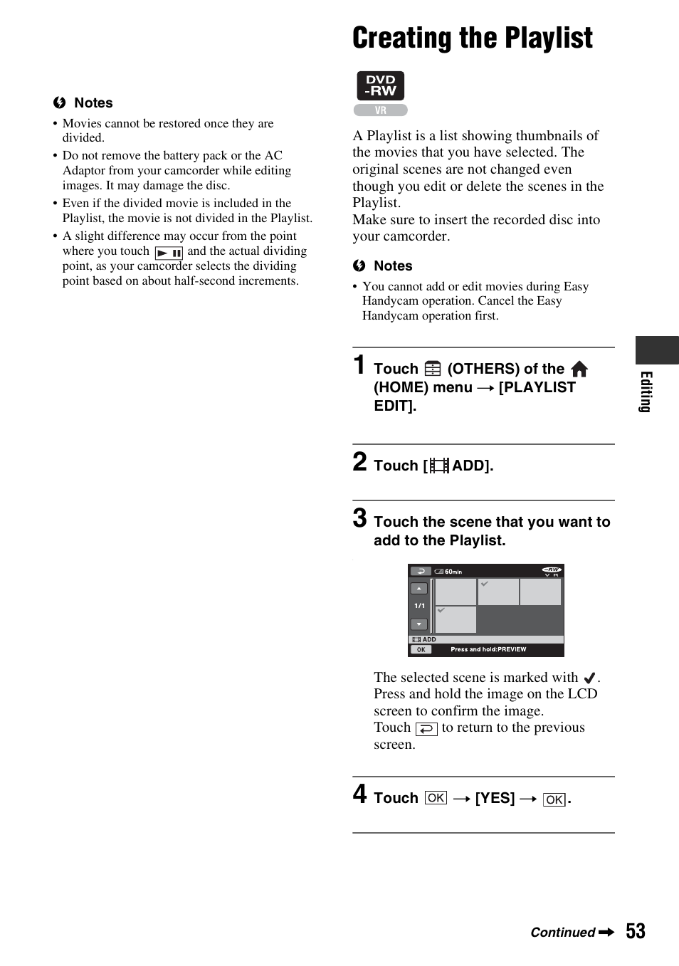 Creating the playlist, P. 53) | Sony DCR-DVD508 User Manual | Page 53 / 139