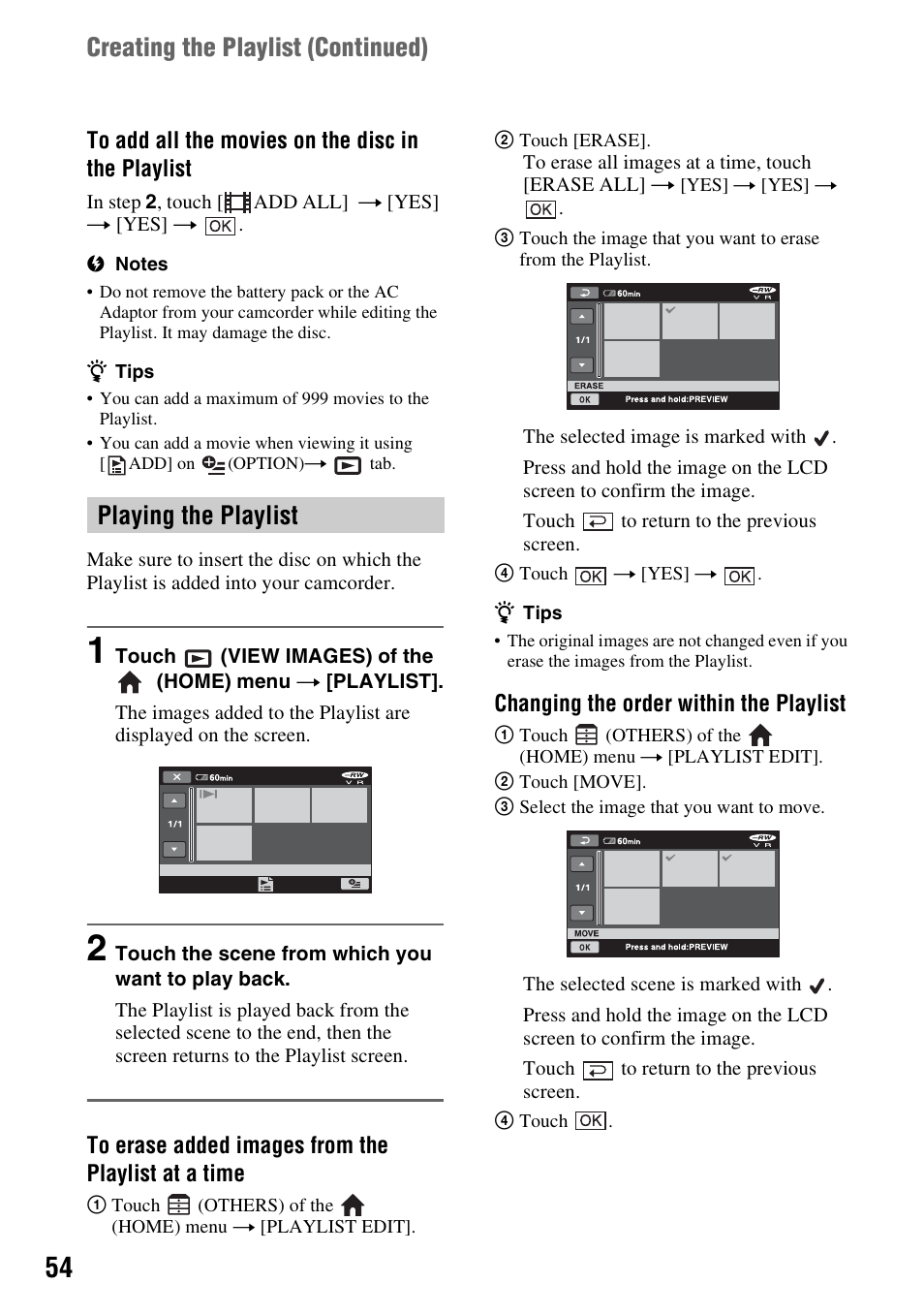 Creating the playlist (continued), Playing the playlist | Sony DCR-DVD508 User Manual | Page 54 / 139