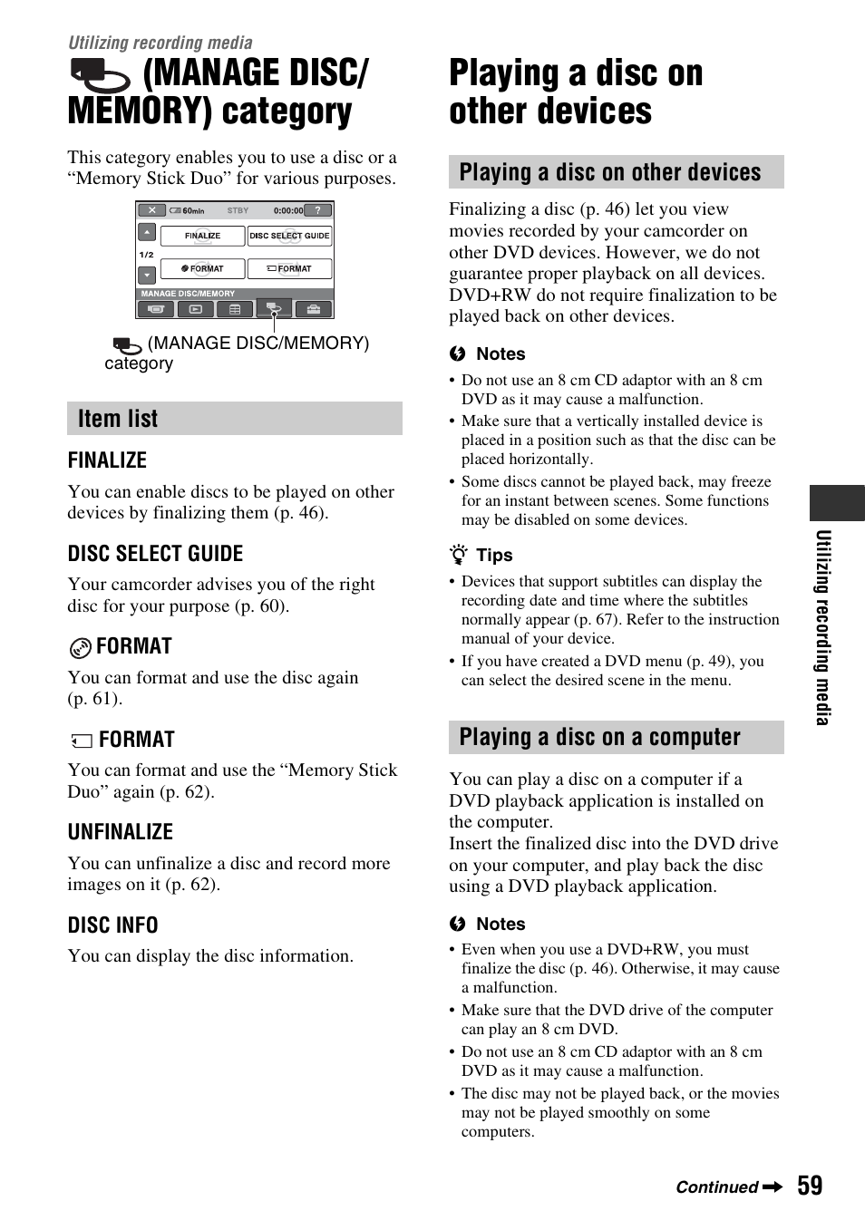 Utilizing recording media, Manage disc/ memory) category, Playing a disc on other devices | Manage, Disc/memory), Category, Item list | Sony DCR-DVD508 User Manual | Page 59 / 139