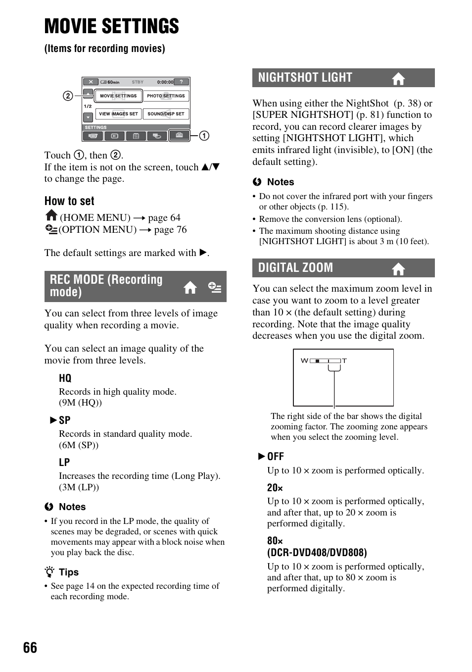 Movie settings, Items for recording movies), P. 66) | Rec mode (recording mode), Nightshot light digital zoom | Sony DCR-DVD508 User Manual | Page 66 / 139