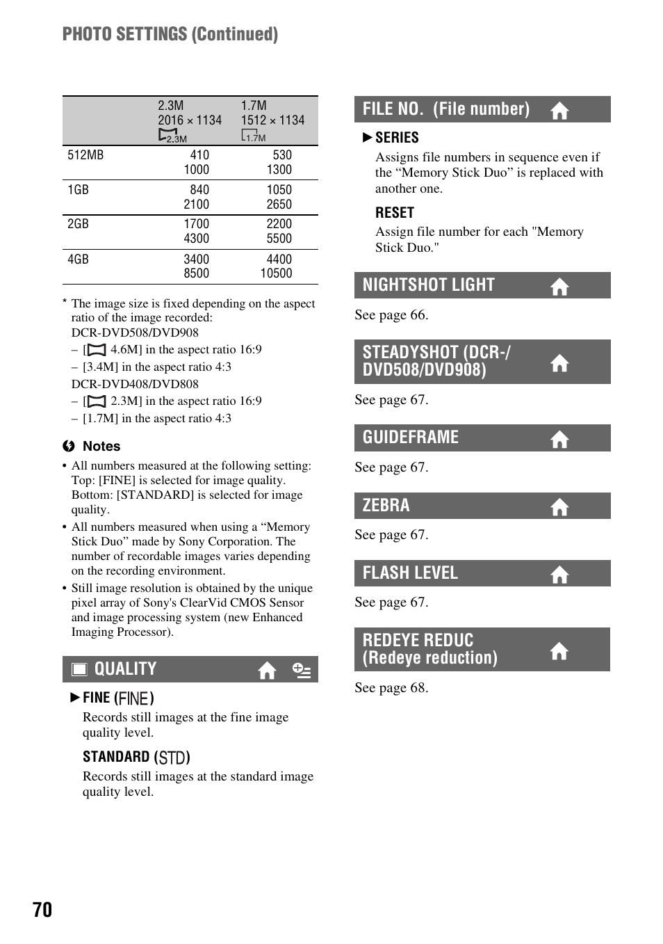 Photo settings (continued), Quality | Sony DCR-DVD508 User Manual | Page 70 / 139