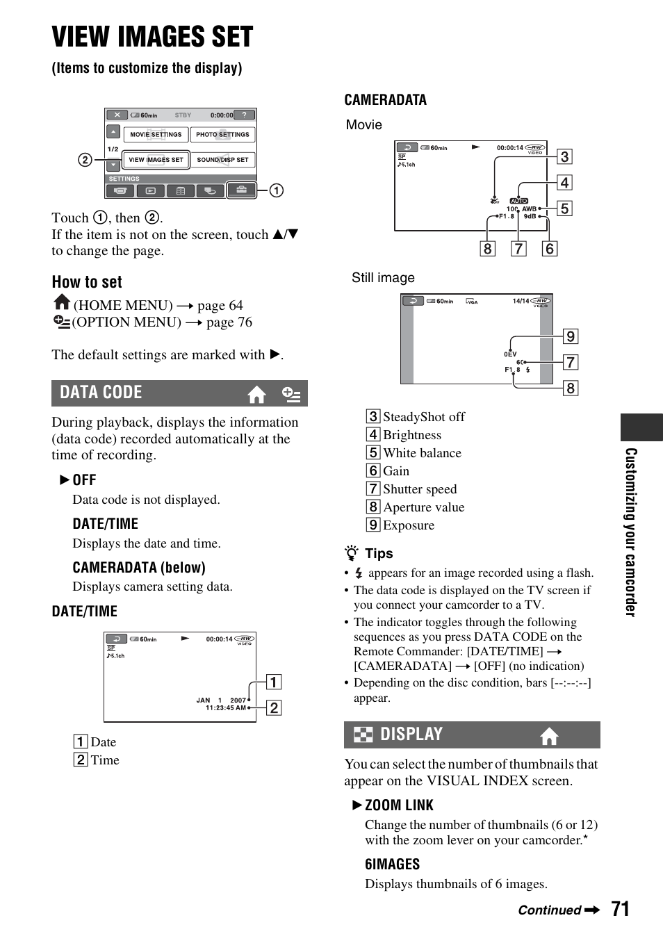 View images set, Items to customize the display), P. 71 | P. 71), Data code, Display | Sony DCR-DVD508 User Manual | Page 71 / 139
