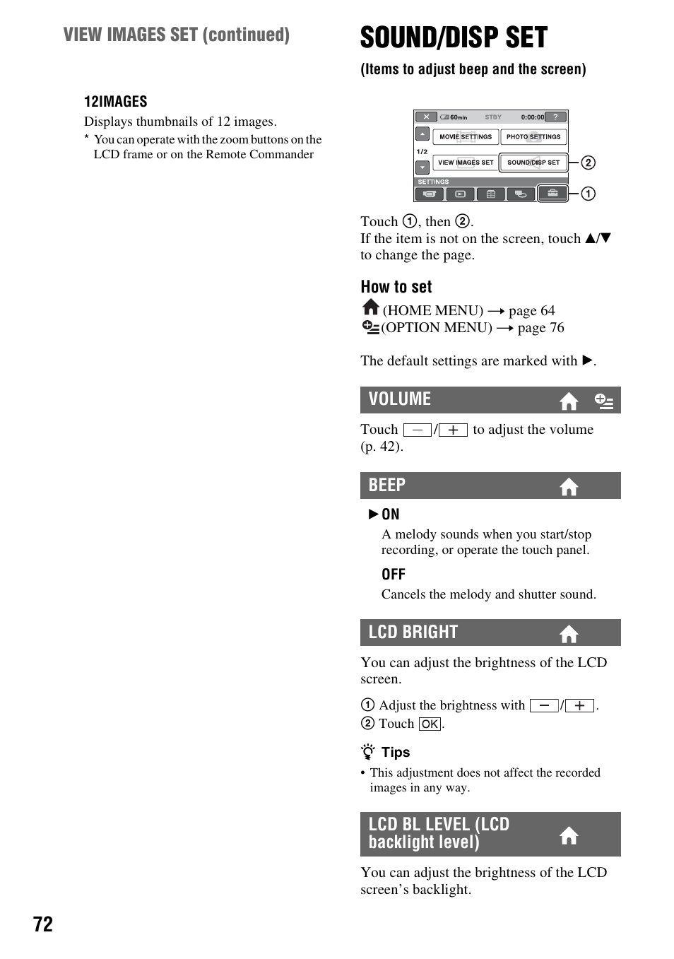 Sound/disp set, Items to adjust beep and the screen), P. 72 | View images set (continued) | Sony DCR-DVD508 User Manual | Page 72 / 139