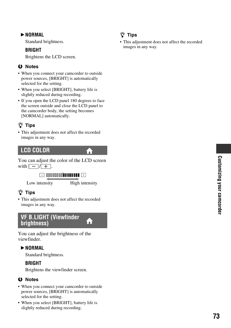 Lcd color vf b.light (viewfinder brightness) | Sony DCR-DVD508 User Manual | Page 73 / 139