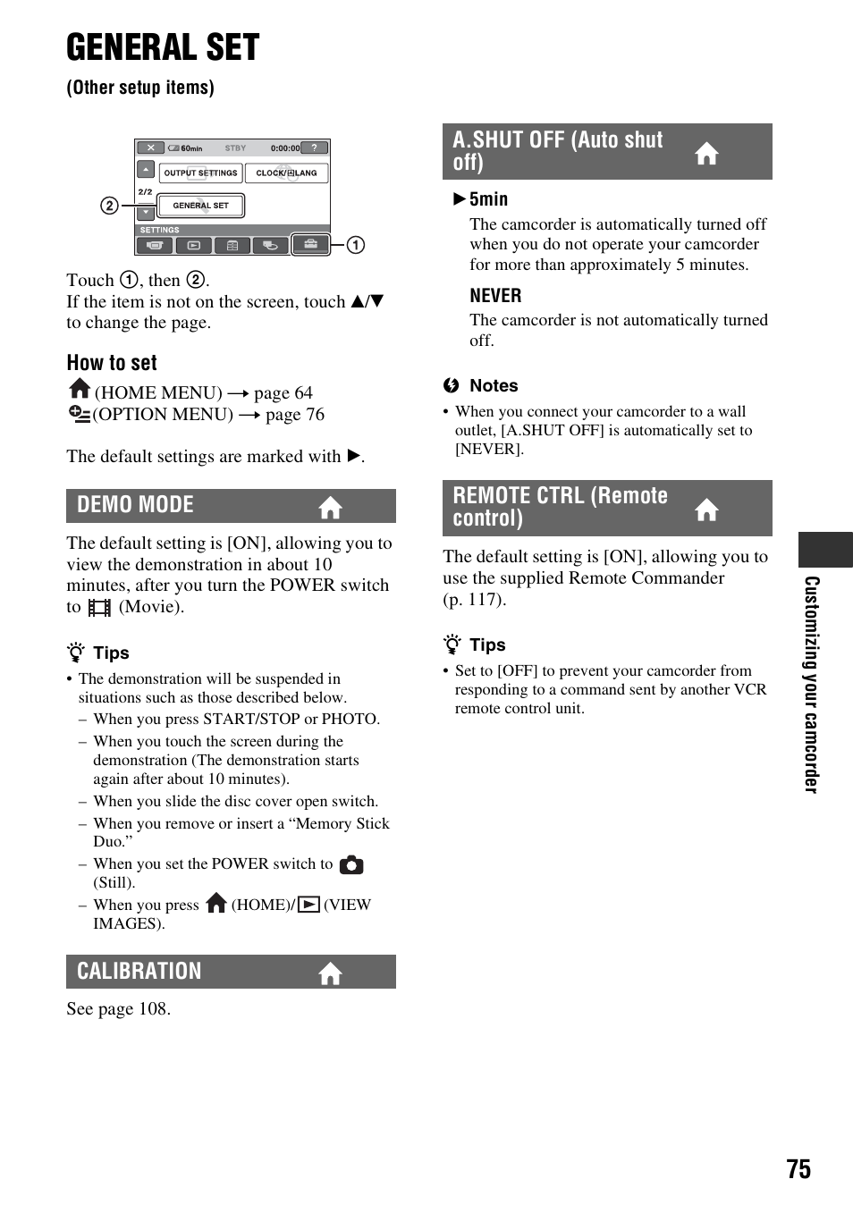 General set, Other setup items), P. 75) | Et (p. 75), Demo mode calibration | Sony DCR-DVD508 User Manual | Page 75 / 139