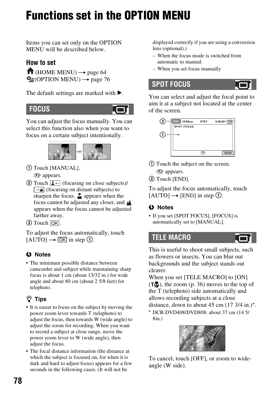 Functions set in the option menu, P. 78), Focus spot focus tele macro | Sony DCR-DVD508 User Manual | Page 78 / 139