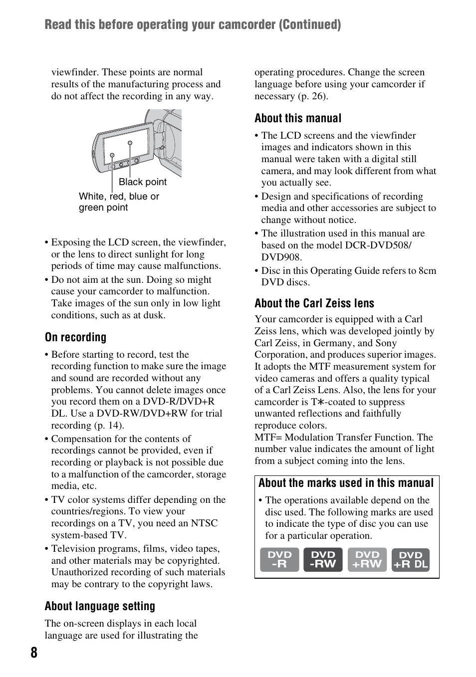 Sony DCR-DVD508 User Manual | Page 8 / 139