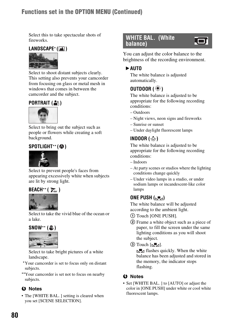 Functions set in the option menu (continued), White bal. (white balance) | Sony DCR-DVD508 User Manual | Page 80 / 139