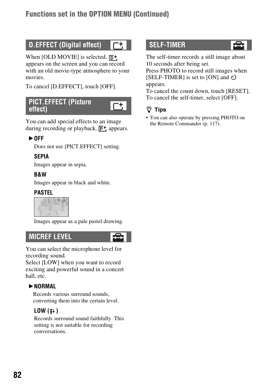 Functions set in the option menu (continued) | Sony DCR-DVD508 User Manual | Page 82 / 139
