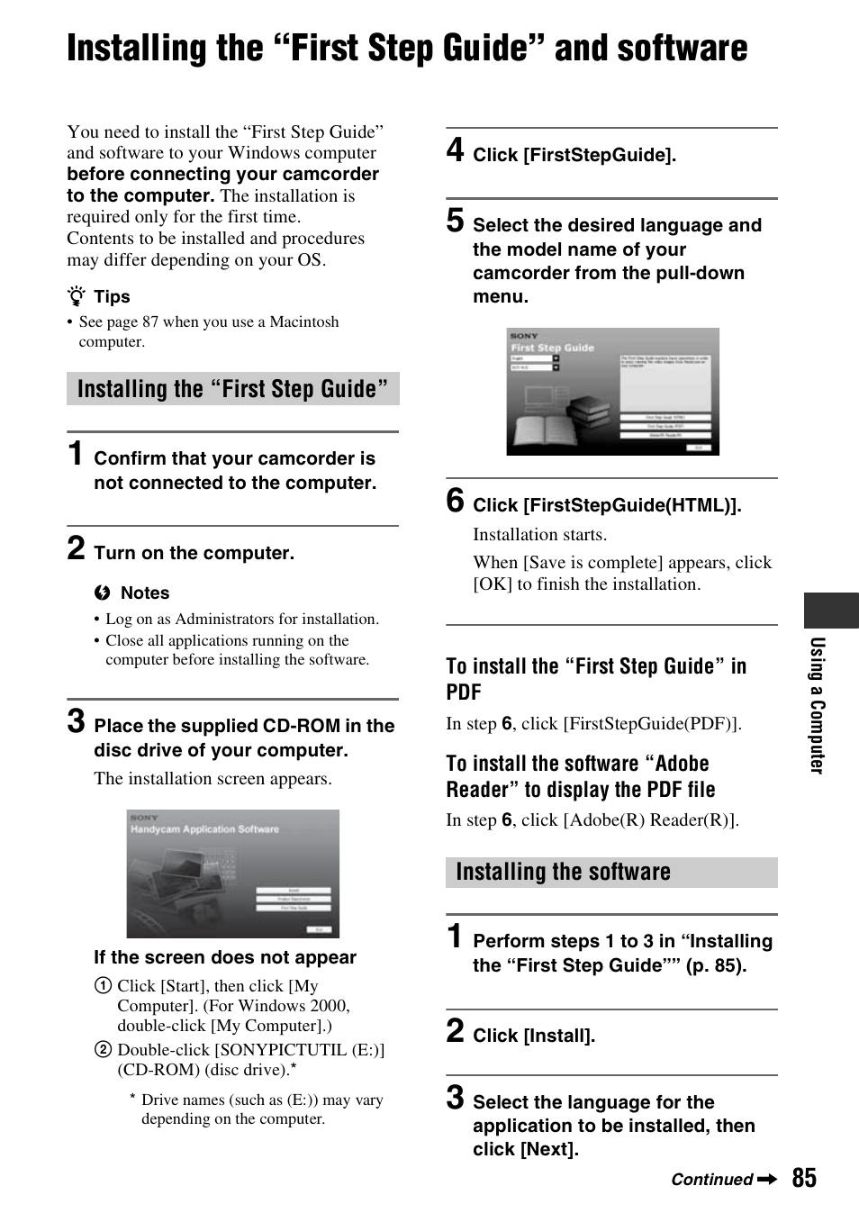 Installing the “first step guide” and software | Sony DCR-DVD508 User Manual | Page 85 / 139