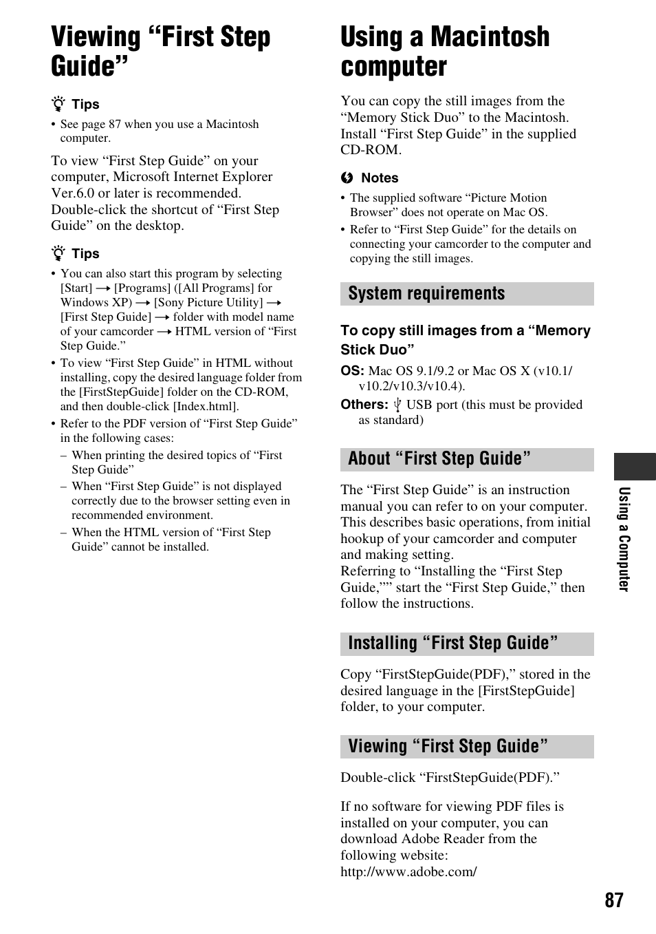 Viewing “first step guide, Using a macintosh computer | Sony DCR-DVD508 User Manual | Page 87 / 139