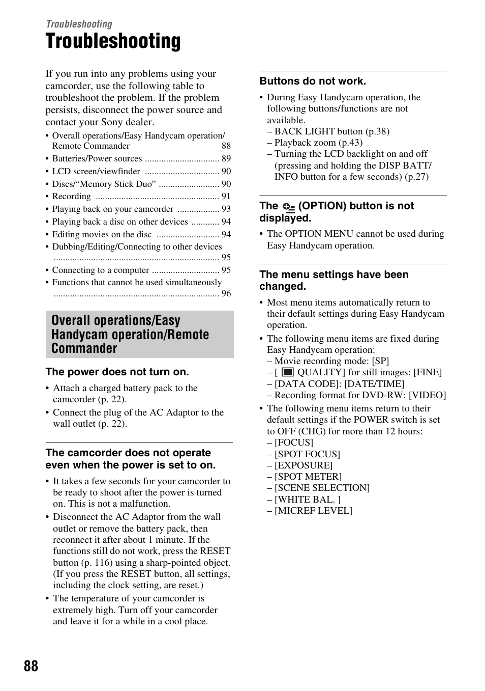 Troubleshooting, T (p. 88 | Sony DCR-DVD508 User Manual | Page 88 / 139