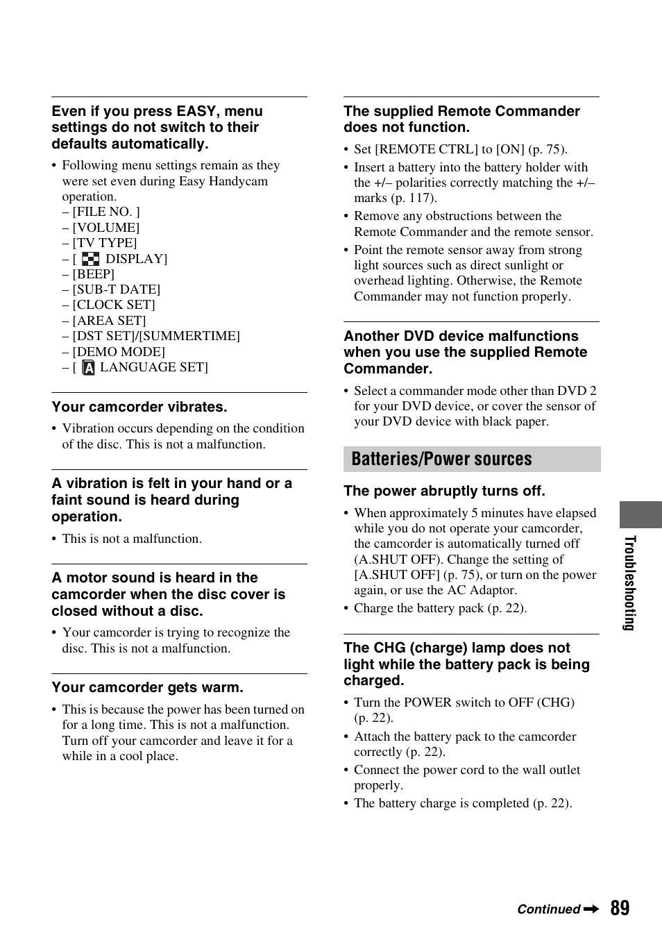 Batteries/power sources | Sony DCR-DVD508 User Manual | Page 89 / 139