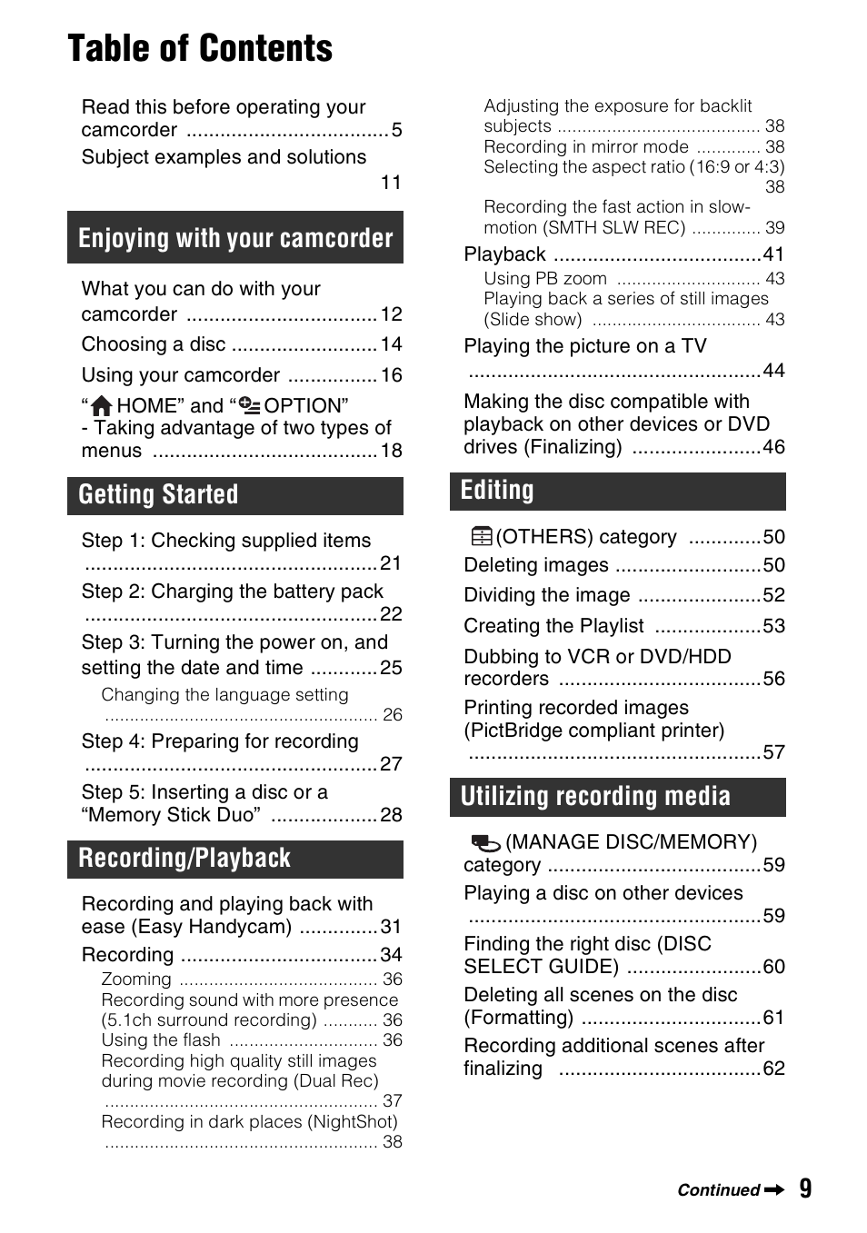 Sony DCR-DVD508 User Manual | Page 9 / 139