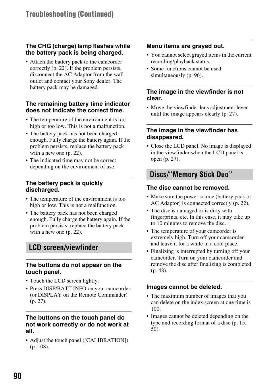 Troubleshooting (continued) | Sony DCR-DVD508 User Manual | Page 90 / 139