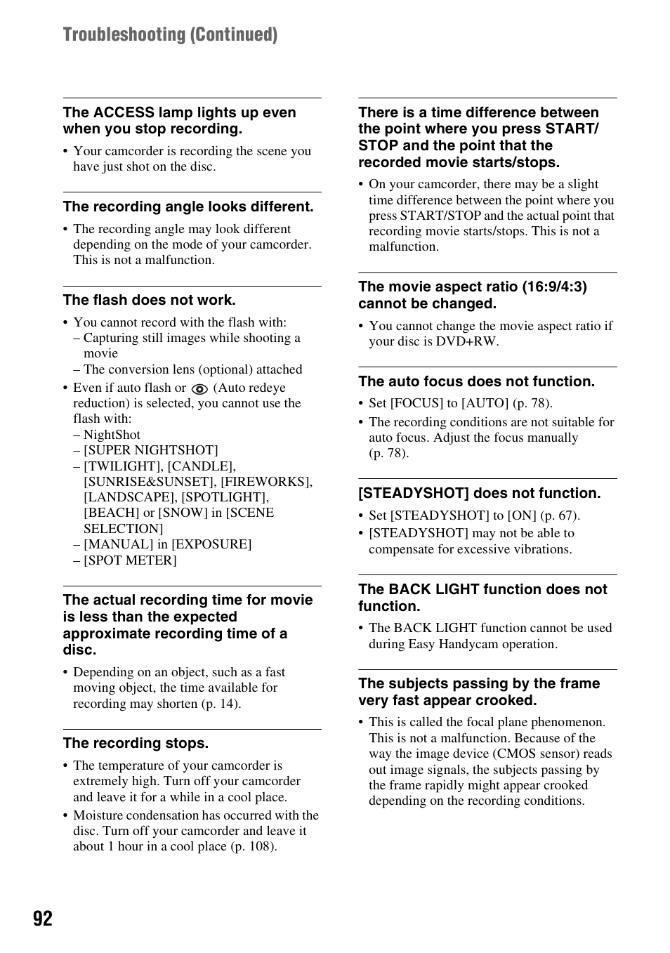 Troubleshooting (continued) | Sony DCR-DVD508 User Manual | Page 92 / 139