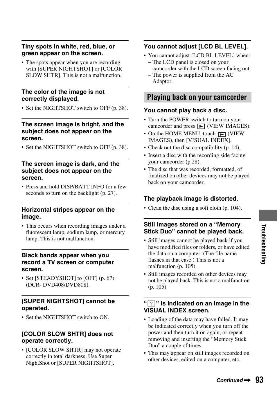 Playing back on your camcorder | Sony DCR-DVD508 User Manual | Page 93 / 139