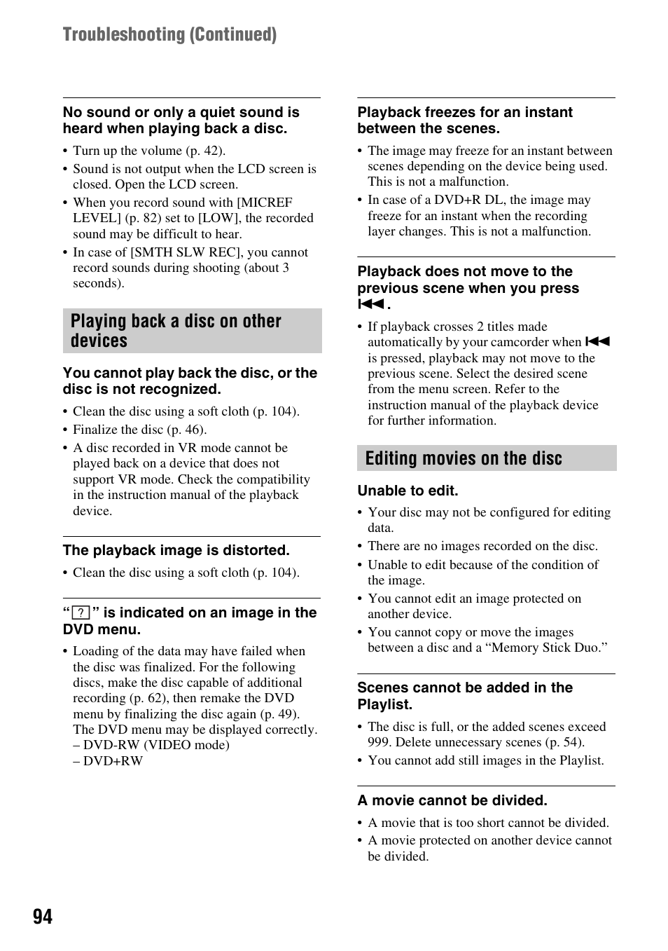 Troubleshooting (continued) | Sony DCR-DVD508 User Manual | Page 94 / 139